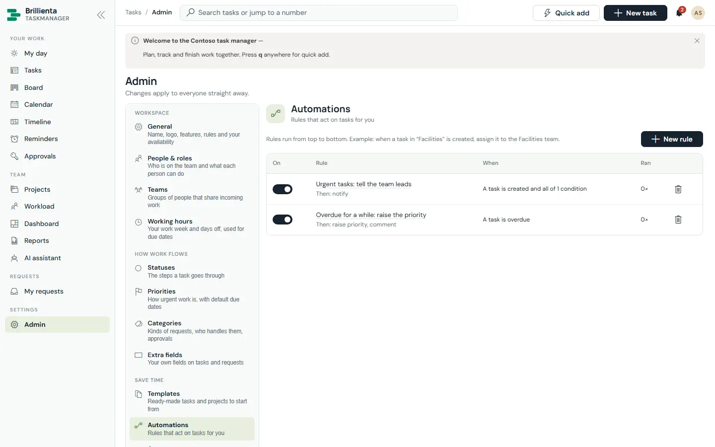Automations, reminders and digest in Brillienta TaskManager